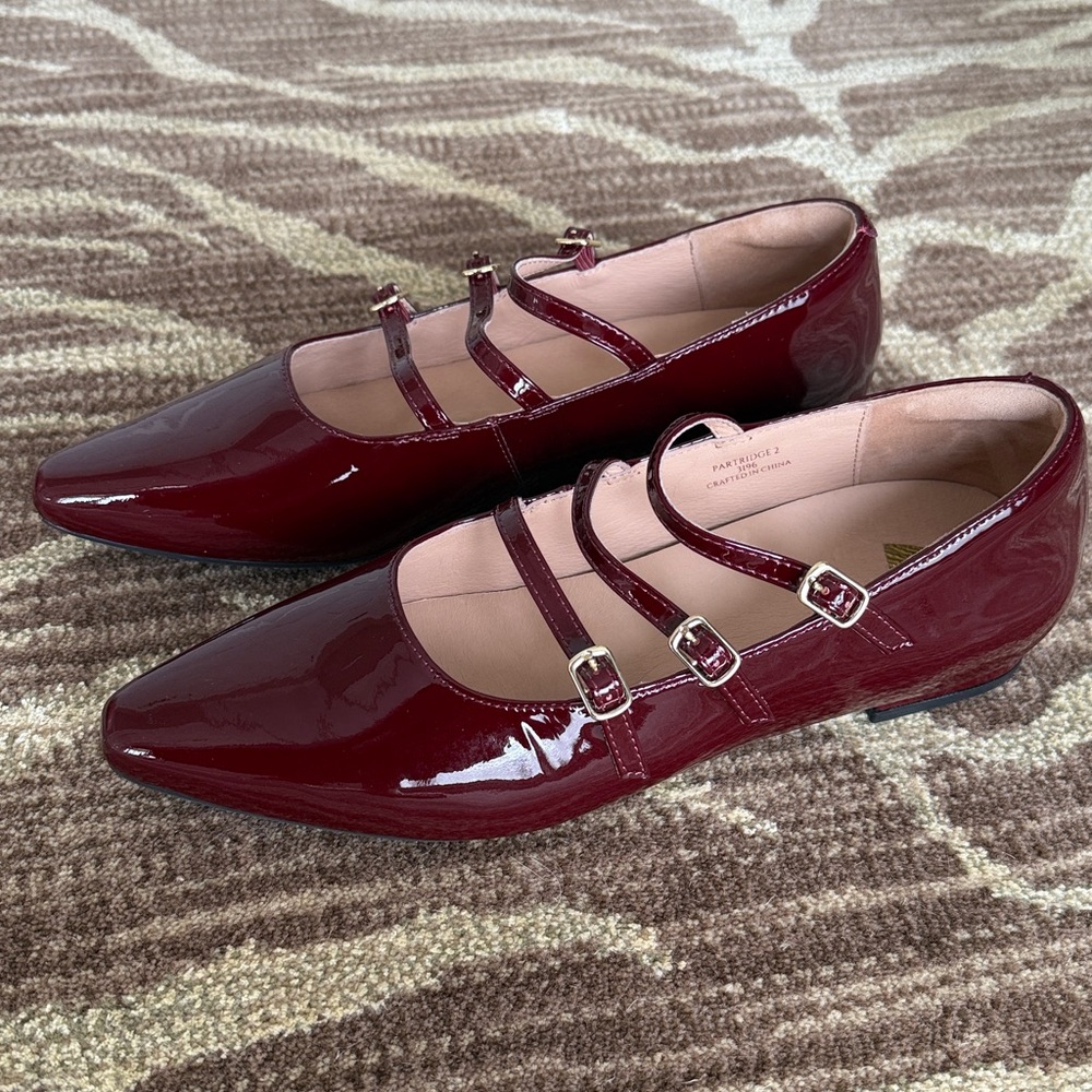 Patent Triple-Strap Flat Ballet in Burgundy Size US9 EU39
